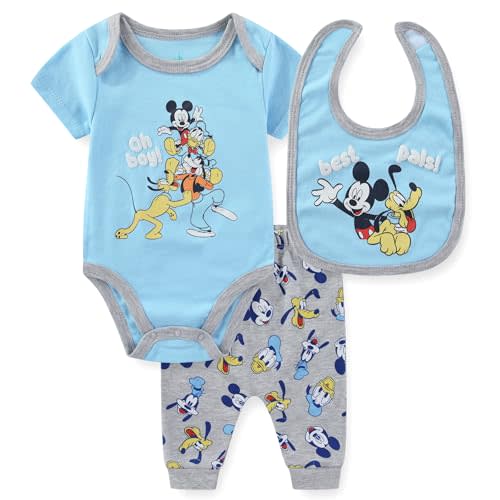 Disney Mickey Mouse Baby Boys Bodysuit with Bib and Pants 3 Piece Set for Newborn Infants