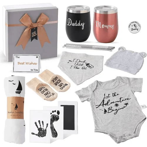 H-OMMEASSY Pregnancy Gifts for New Parents, Gender Reveal Gifts, New Mom Gifts for Women, Baby Gift Basket with Mom and Dad Tumbler Set, First Time Parents Gifts for Couples - Baby Shower