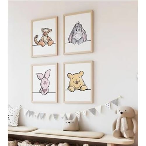 Winnie The Pooh and Friends Nursery Wall Art Set of 4, Character Illustrations, Kids Room Decor - 11x14 Poster Print - UNFRAMED