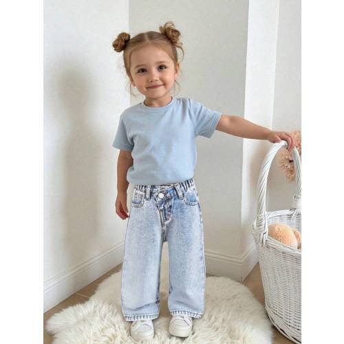 SHEIN Playful Pals Toddler Girls Casual Fashion Oblique Placket & Slit Hem Design Washed Denim Straight Pants Fall Winter | SHEIN USA