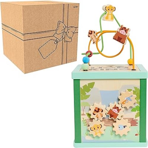 Disney Wooden Toys Lion King Large Activity Cube, Shape Sorting and Maze Puzzle, Learning and Education, Kids Toys for Ages 12 Month by Just Play