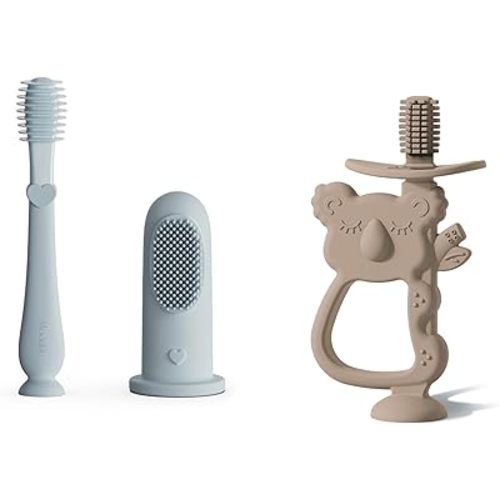 Moonkie Baby Oral Care & Teething Relief Set | 2-Piece Finger Toothbrush & Tongue Cleaner Kit + 360° Teething Toy with Suction Base | BPA-Free Silicone for Babies 3-12 Months | Safe, Easy to Hold, Ide