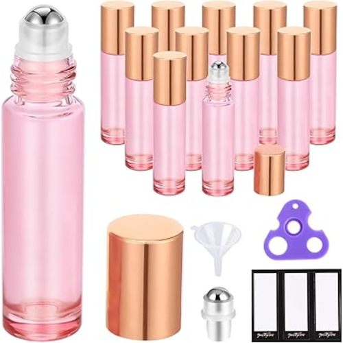 PrettyCare 12 Pack, 10 ml Essential Oil Roller Bottles with Stainless Steel Roller Ball - Refillable Leak-proof Empty Thick Pink Glass Roll on Bottles with Metal Caps for Travel, Perfume