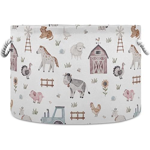 Burbuja Farm Animals Round Storage Basket with Cotton Rope Handles, Laundry Basket for Blankets, Nursery, Living Room Decoration