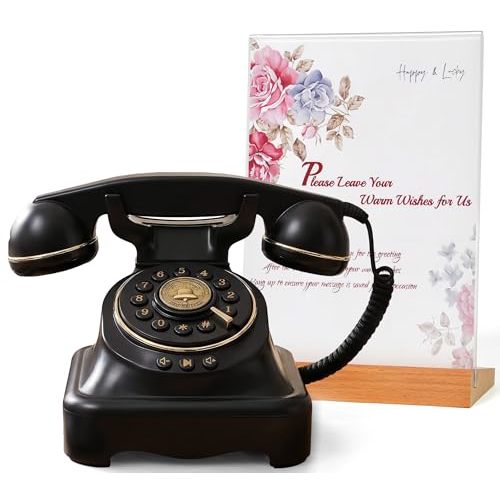 RetroVox Audio Guest Book Wedding Phone Guestbook and Signage Guest Audio Message Book, Vintage Style for Wedding Reception, Bridal Shower, Baby Shower（Black & Sign Holder A）