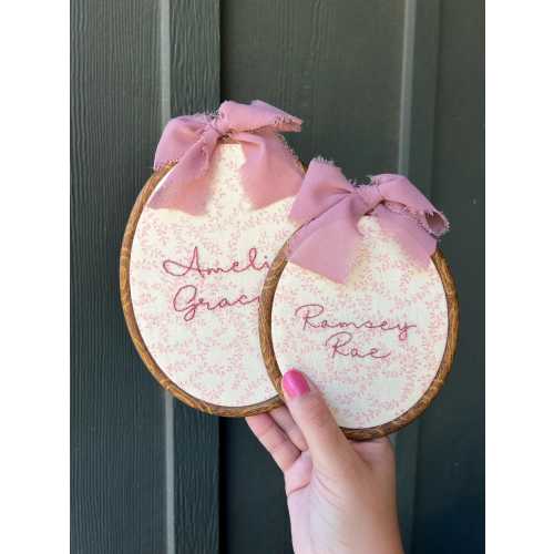 Hand Embroidered Name Hoop: Mauve Vines, Nursery Decor