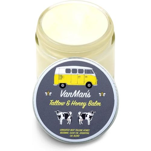 Vanman's Tallow and Honey Balm With No Added Scent - Beef Tallow Face Moisturizer with Grass-Fed/Finished Beef Tallow for Skin, Organic Raw Honey and Beeswax, Cold Pressed Olive Oil - 2 oz