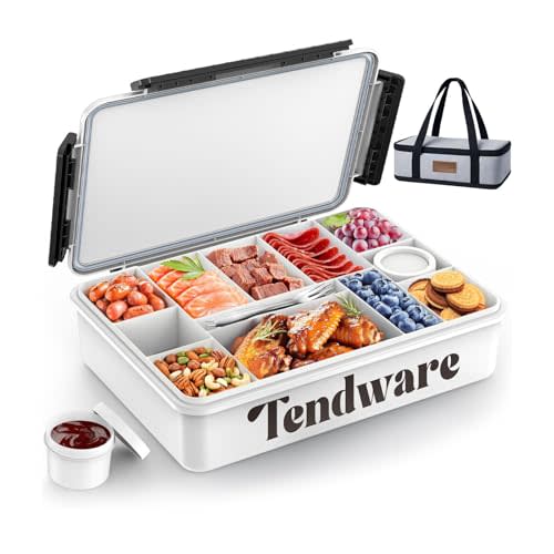 Chilled Portable Snackle Box Container with Ice Pack, Divided Serving Tray with Insulated Bag, Beach Essentials for Summer, Snack Containers for Road Trip Charcuterie Snack Picnic, White