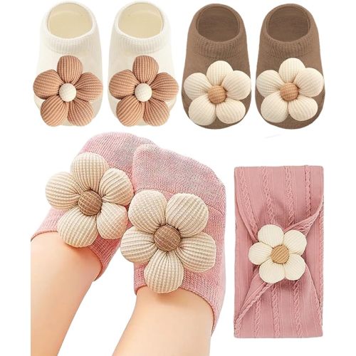 Baby Girl Ankle Socks Set with Headbands, Soft Non-Slip Socks for Newborn 0–6 Months, Flower & Bunny Cute Designs