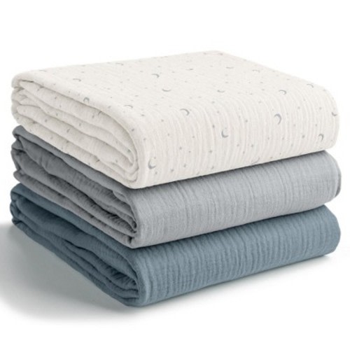 Comfy Cubs Muslin Swaddle Blankets Pack of 3 - Large 42" x 42" 100% Cotton Baby Blanket Set Wraps - Star Pattern, Pacific Blue, Heather