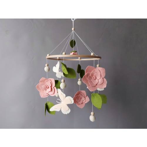 Flower baby mobile musical bb Crib mobile girl Floral boho nursery decor Butterfly leaf mobile with hanger Neutral cot roses hanging mobile