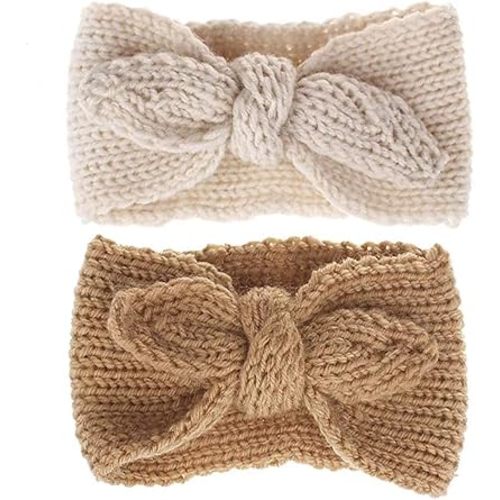 Newborn-Infant-Toddler Knitted-Knotbow-Turban Rabbit-Ear-Headbands Baby-Girls Head-Wrap-Headband 0-6 years (Camel + Beige)
