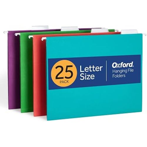 Oxford Hanging File Folders, 25 Pack, Letter Size (8.5" x 11"), 4 Tropical Colors, 5 Tab Positions, Includes Tabs and Inserts, Hanging Files for Office and Document Organization