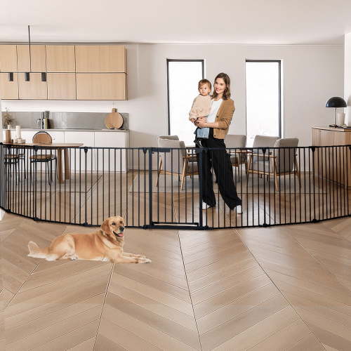 Baby Gates, Caveen 8Panel 198" Extra Wide 30" Tall Baby Gates Fireplace Fence Toddler Playard, Black