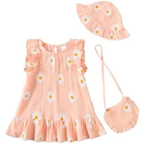 Baby Girl Dress Summer Clothes Infant Floral Boho Dresses Ruffle Linen Toddler Girls Casual Sundress with Hat and Bag