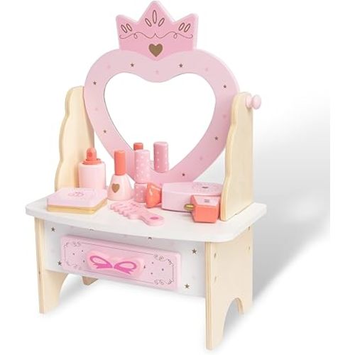 Wooden Vanity Set for Kids, Pretend Play Toddler Makeup Vanity Table Toys with 360° Rotatable Mirror, Beauty Salon Set Includes Makeup Accessories, Little Girls Gift Age 3+ (Pink)