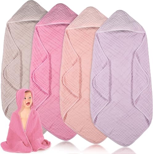 Peryiter 4 Pcs Muslin Hooded Baby Towels,32"x 32" Cotton Newborn Bath Towel Muslin Infant Baby Blankets Absorbent Unisex Newborn Registry Gift for Girls Boys (Pink Series)