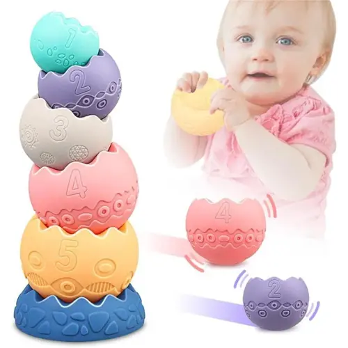 Baby Sensory Balls Teething Toys 6 9 12 18 Months Soft Building Blocks Toddlers Montessori Fine Motor Skills Stacking Ring Infant Boys Girls Easter Basket Stuffers Gifts One 1 2 3 Year Old