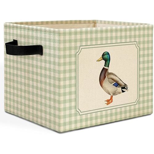 HSIASHENG Mallard Duck Sage Green Checkered Storage Bins Box with Handles, Cottagecore Mallard Duck Plaid Laundry Basket Hamper Collapsible Clothes Toys Organizer for Boys Nursery Toddler Room