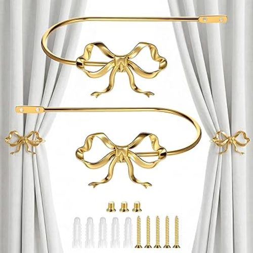 2 PCS Gold Bow Curtain Tiebacks, Gold Curtain Holdbacks Wall Mounted Curtains Tieback Decorative Hooks Curtains Holders with Screws for Living Room, Bedroom and Office