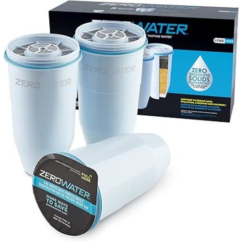 ZeroWater Official Replacement Filter - 5-Stage 0 TDS Filter Replacement - System IAPMO Certified to Reduce Lead, Chromium, and PFOA/PFOS, 3-Pack