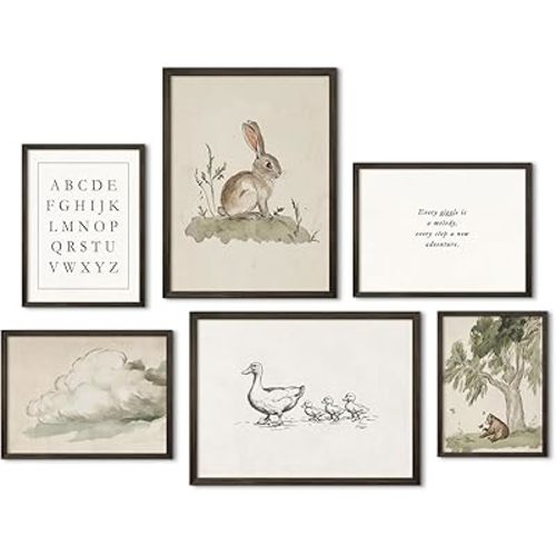 Vintage Nursery Wall Art Kids Canvas Prints Baby Boys Wall Decor Animal Pictures Bunny Poster Neutral Children Prints Duck Painting Woodland Bear Artwork for Farmhouse Bedroom 8x10 Inch Brown Framed