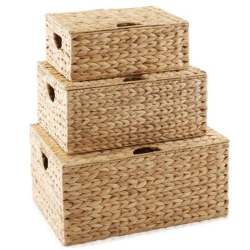 Casafield Water Hyacinth Lidded Storage Basket Sets, Multipurpose Rectangular Organizer Totes
