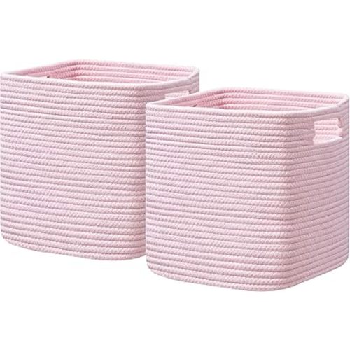 UBBCARE Storage Cubes 11 Inch, Cotton Rope Woven Baskets for Organizing, Cube Storage Bin for Baby Nursery, 2-Pack Square Toy Storage Baskets for Shleves Organizer, Closet, Kidsroom, Pink