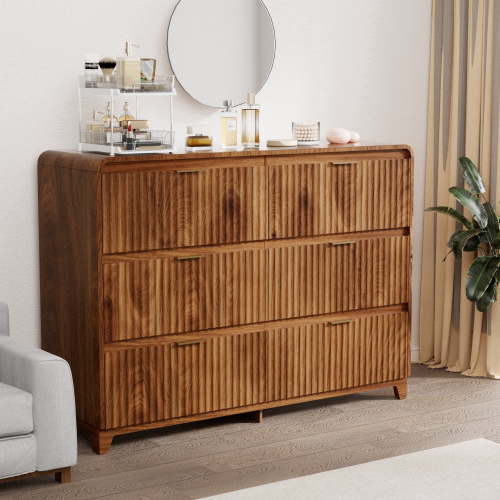 Walnut Color 6 Drawer Dresser,Boho Fluted Dresser with Wave Panel Design, Modern Chest of Drawers Waterproof for Living Room, Hallway, Entryway