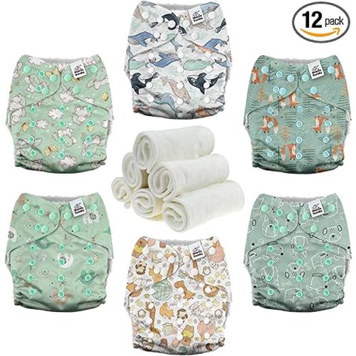 Mama Koala 3.0 Pocket Cloth Diapers for Babies with AWJ Lining, 6 Pack with 6 4-Layer Natural Cloth Diaper Inserts - Reusable and Washable Pocket Diapers (Adorable Animal)