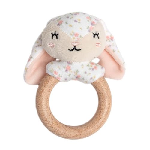 Pearhead Bunny Wooden Baby Teether – Soft Plush Lovey with Floppy Ears & Natural Wood Rattle Ring, BPA-Free, Soothes Infant Gums, Multi-Sensory Newborn Essential for Girls, Pink Floral, 0+ Months