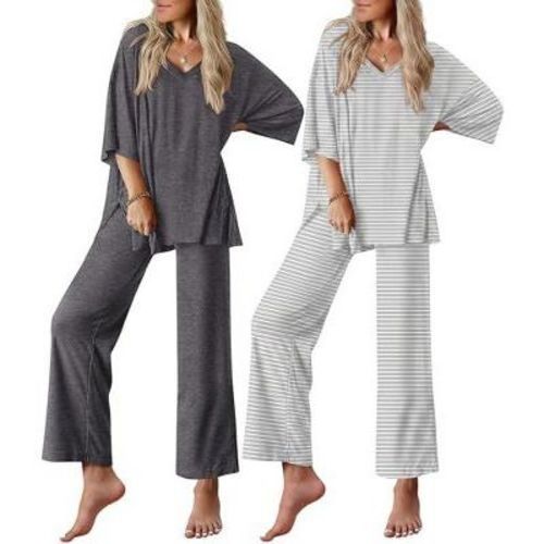 Ekouaer 2 Packs Lounge Sets for Women Short Sleeve Pajamas Set V Neck Top and Long Pants Comfy Pjs Outifts with Pockets Grey Stripes/Dark Grey S