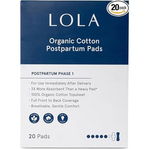 LOLA Organic Cotton Postpartum Pads - 20 Count, Ultra Absorbent and Extra Long Pads, Overnight and Full Coverage, Adult Incontinence Pad for Women, Postpartum Essentials