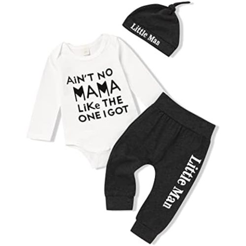 TUEMOS Newborn Infant Baby Boy Clothes Letter Print Romper Pants Set Hat 3PC Outfits Set
