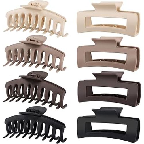 TOCESS Large Hair Claw Clips for Women Girls, 8PK Neutral Matte Jumbo Square Hair Clips for Thick, Thin, Long, Short, Curly Hair, Big Jaw Clip Set for Daily Use
