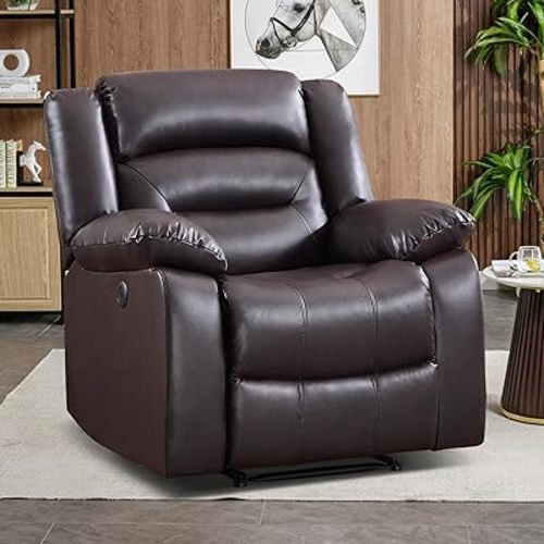 EBELLO Classic Power Recliner Chair for Living Room, Faux Leather Oversized Electric Overstuffed Reclining Chair with Thick Cushion, Comfortable Armrest and USB Charge Port, Brown