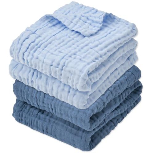 Aablexema Muslin Baby Blanket 6-Layer 43"x43", 2-Pack, Light Blue & Navy | Soft Cotton Receiving Blanket for Infant Swaddle Blanket Toddler Boys Girls Bath Towel, Newborn Essentials
