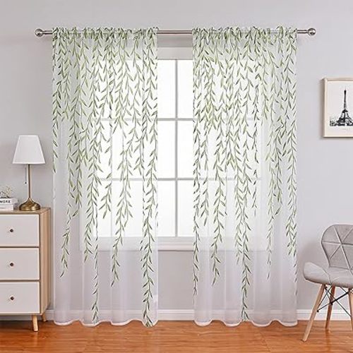Ufurty 2 Pieces Willow Leaf Window Curtain Voile Tulle Room Salix Leaf Sheer Vine Curtain Panel Drapes White Sheer Green Leaf Curtain for Living Room, Bedroom, Balcony