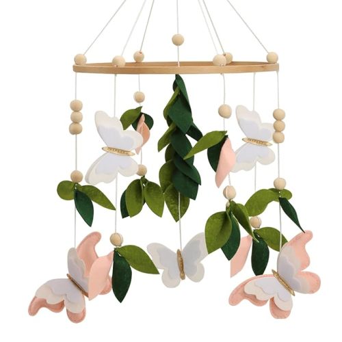 Flora & Ivy Butterfly Mobile for Crib - A Beautiful Butterfly Crib Mobile with Green Leaves, Pink, White and Gold Detail