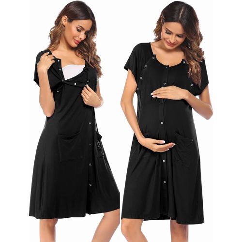 Ekouaer 3 in 1 Labor/Delivery/Hospital Gown Nursing Dress Maternity Nightgown Sleepwear for Breastfeeding with Button S-XXL