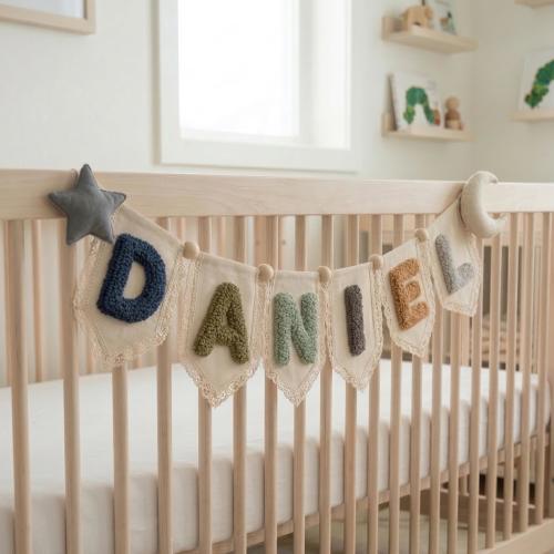 Custom Baby Name Garland, Yarn Embroidered Banner, Nursery Wall Decor