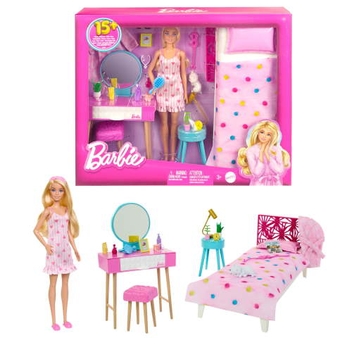 Barbie Doll Bedroom Playset with 20+ Room Accessories and Furniture, Multicolor