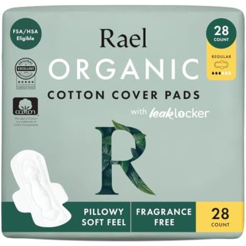 Rael Organic Cotton Cover Pads - Regular Absorbency, Unscented, Ultra Thin Pads with Wings for Women (Regular, 28 Count)
