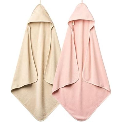 Baby Hooded Towel – Organic Cotton Baby Bath Towels, 32" x 32" Super-Soft and Absorbent Baby Towels for Newborn 2-Pack (Blush/Fog)