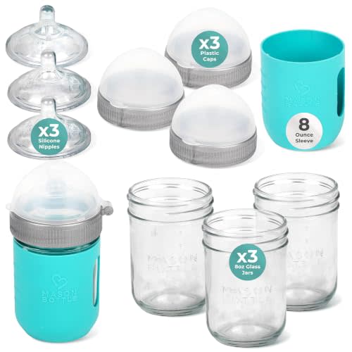 Mason Bottle 8oz Baby Glass Bottle Gift Set 3-Pack Complete Baby Bottle Kit | 3x Anti-Colic 8oz Glass Bottles, Slow Flow Nipples & Caps+Rings, 1x Silicone Sleeve, BPA-Free, Non-Toxic, Breastmilk Bottles