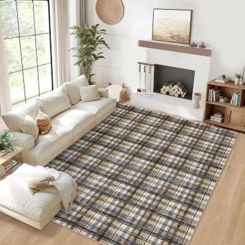 Washable Area Rugs for Living Room Bedroom Modern Plaid Rug Soft Non-Slip Low Pile Carpet Farmhouse Runner Rug, 5'x7'