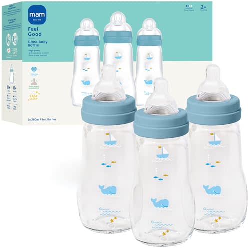 MAM 9oz Premium Glass Wide Neck Baby Bottle with Medium Flow Breastfeeding-Like Silicone Nipple, Easy to Clean, BPA Free, 2+ Months, Easy Switch Between Breast and Bottle, Made in Europe, 3 Pack