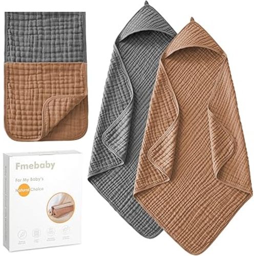Hooded Baby Towels for Newborn, 2 Pack 36x36Inch Muslin Cotton Baby Bath Towel and 2 Pack 12x12Inch Washcloth Set with Hood for Babies, Toddler and Kids, Essentials Must Haves(Grey and Coffee)