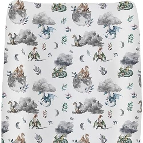 Watercolor Dragons Baby Changing Pad Covers for Boys Girls Fairytale Dragon Wings Leaves Fitted Changing Table Cover Mats Dragon Moon Clouds Soft Diaper Change Table Sheets 32''×16''