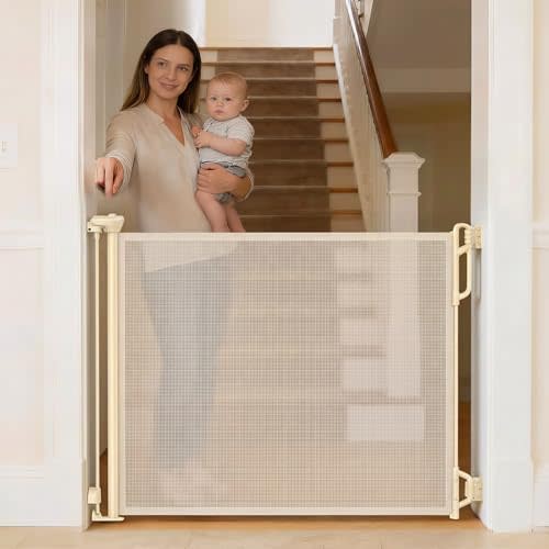 SPACEANY Retractable Safety Baby Gate or Mesh Dog Gate,Durable Portable Mesh Retractable Gate,Easy to Use for Stairs, Doorways, Hallways, Indoor, Outdoor, 33.5" Tall, Up to 45" Wide, Cream